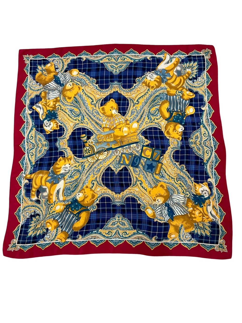 Red Blue Gold Silk Scarf with Teddy Bear Cat Alphabet Plaid Paisley Prints